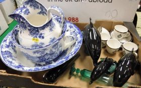 A box containing various china and glassware to include three Poole Dolphins of graduation sizes,