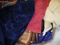 A box of assorted textiles, bags etc.