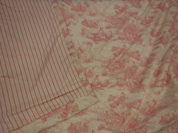 Two pairs of cotton Toile de Jouy pink and cream interlined curtains with fixed triple pinch pleat