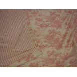 Two pairs of cotton Toile de Jouy pink and cream interlined curtains with fixed triple pinch pleat