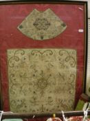 An 18th Century silkwork panel with all over floral decoration and central medallion inscribed IHS,