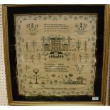 An early 19th Century Georgian sampler depicting verse and Chinese temple amongst pots of plants