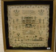 An early 19th Century Georgian sampler depicting verse and Chinese temple amongst pots of plants