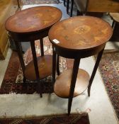 A pair of Edwardian style mahogany inlaid two-tier occasional tables