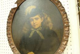 CIRCA 1900 ENGLISH SCHOOL "Young girl in feather-trimmed hat, arms folded before her",