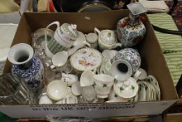 A box containing various china and glassware to include a Vladislav Urban for Rosice glass vase,