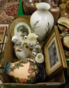 A box of various china to include a Tupton ware style lamp,