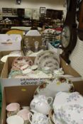 Four boxes of various china and glassware to include three cut glass decanters,