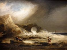 ENGLISH SCHOOL "Stormy coastal scene with figures in foreground", oil on panel,