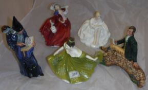 Five Royal Doulton figurines, including "The Wizard" (HN2877), "Robert Burns" (HN3641),