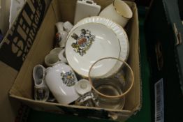 A box of assorted crested wares to include Goss, Shelley etc.