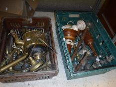 Two plastic crates containing various brass and other metal wares,