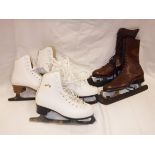 A pair of brown leather vintage ice skating boots together with two pairs of white leather ice