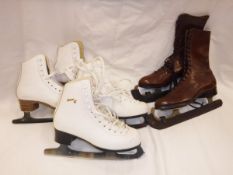 A pair of brown leather vintage ice skating boots together with two pairs of white leather ice