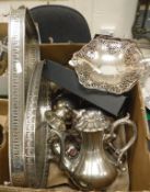 A box of assorted plated wares to include two trays with pierced galleries, four piece tea set,