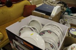 Two boxes of various china to include Royal Doulton "Autumns Glory" part dinner set and various