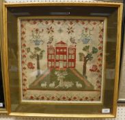 A circa 19th Century sampler depicting house with stag and animals and birds to the foreground