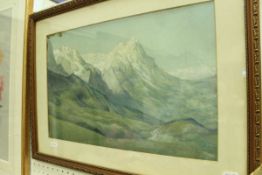 VICTOR W BARNARD "Snow-capped mountains with river flowing through valley in foreground",