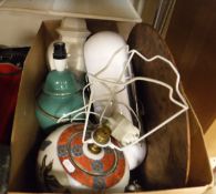 A box containing various china and metal wares to include three table lamps,