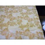 Two pairs of cotton Damask style gold coloured interlined curtains with taped pencil pleat heading,