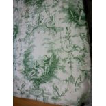 One pair of linen type Toile de Jouy green and cream interlined curtains with fixed goblet heading,