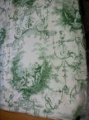 One pair of linen type Toile de Jouy green and cream interlined curtains with fixed goblet heading,