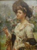 ENGLISH SCHOOL"Woman with flower basket", oil on board of woman wearing white dress and hat,