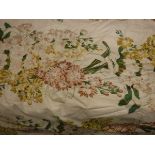 Two pairs of glazed cotton cream ground floral decorated interlined curtains with taped pencil