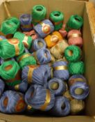 A box of assorted Clark's "Cronita" knitting and crochet wool balls of varying colours