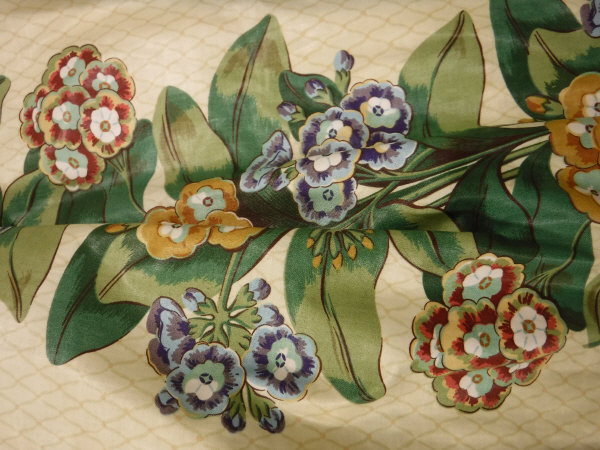 Four pairs of Osbourne & Little "Auritula" glazed cotton lined curtains with tape gathered headings,