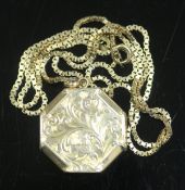 A 9 carat gold box chainlink necklace together with mourning locket stamped "9 c gold sides and