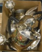 A box of assorted plated wares to include a four piece tea set by 'James Dixon & Son of Sheffield'