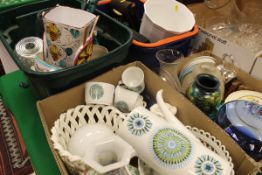 Four boxes of various china, glass and metalware to include a large Krosno glass vase,