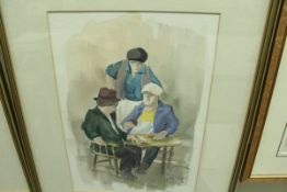 HUGH CUSHING "Men in a cafe", two watercolours, bear "Alma Gallery Bristol" labels,