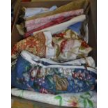 Three boxes of assorted fabric remnants and textiles to include Sandersons and G. P & J.