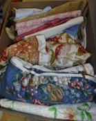 Three boxes of assorted fabric remnants and textiles to include Sandersons and G. P & J.