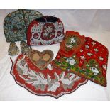 A collection of 19th Century beadwork items to include two tea cosies, pocket bag,