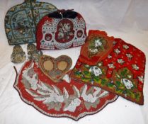 A collection of 19th Century beadwork items to include two tea cosies, pocket bag,