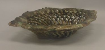 A circa 1900 Ottoman Turkish canakkale pottery brown and green glazed basket of lozenge form with