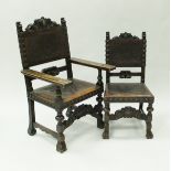 A set of eight late 19th Century walnut and embossed leather upholstered dining chairs in the 17th