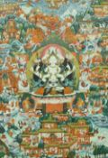 20TH CENTURY TIBETAN THANGKA "Seated Avalokitesvara, surrounded by figures and animals",