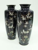 A pair of Japanese cloisonné vases decorated with birds amongst blossoming foliage on a deep blue