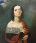 19TH CENTURY ENGLISH SCHOOL "Young woman in lace-trimed black dress with red shawl",