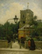 20TH CENTURY ENGLISH SCHOOL "Old women and child by church with futher figures in the background",