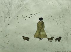 MARY NEWCOMBE (1922-2008) "Girl and three dogs", watercolour, signed in pencil lower right,