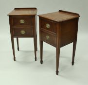 A pair of mahogany lamp tables with two drawers to squared tapered legs on spade feet,