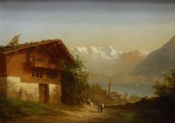 T J SPRING "Thun", a lake landscape with mother and child in foreground,