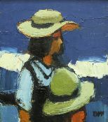 DONALD MCINTYRE (1923-2009) "Blue sea, straw hats", a study of two young girls, oil on panel,