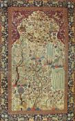 A Kashan prayer rug with Tree of Life design on a cream and red ground,