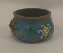 A Chinese cloisonné censer with floral and scrollwork decoration on a turquoise blue ground,